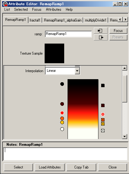 Ramp の Attribute Editor(1 フレーム目)