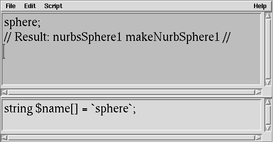 [Script Editor  string $name[] = `sphere`; ]